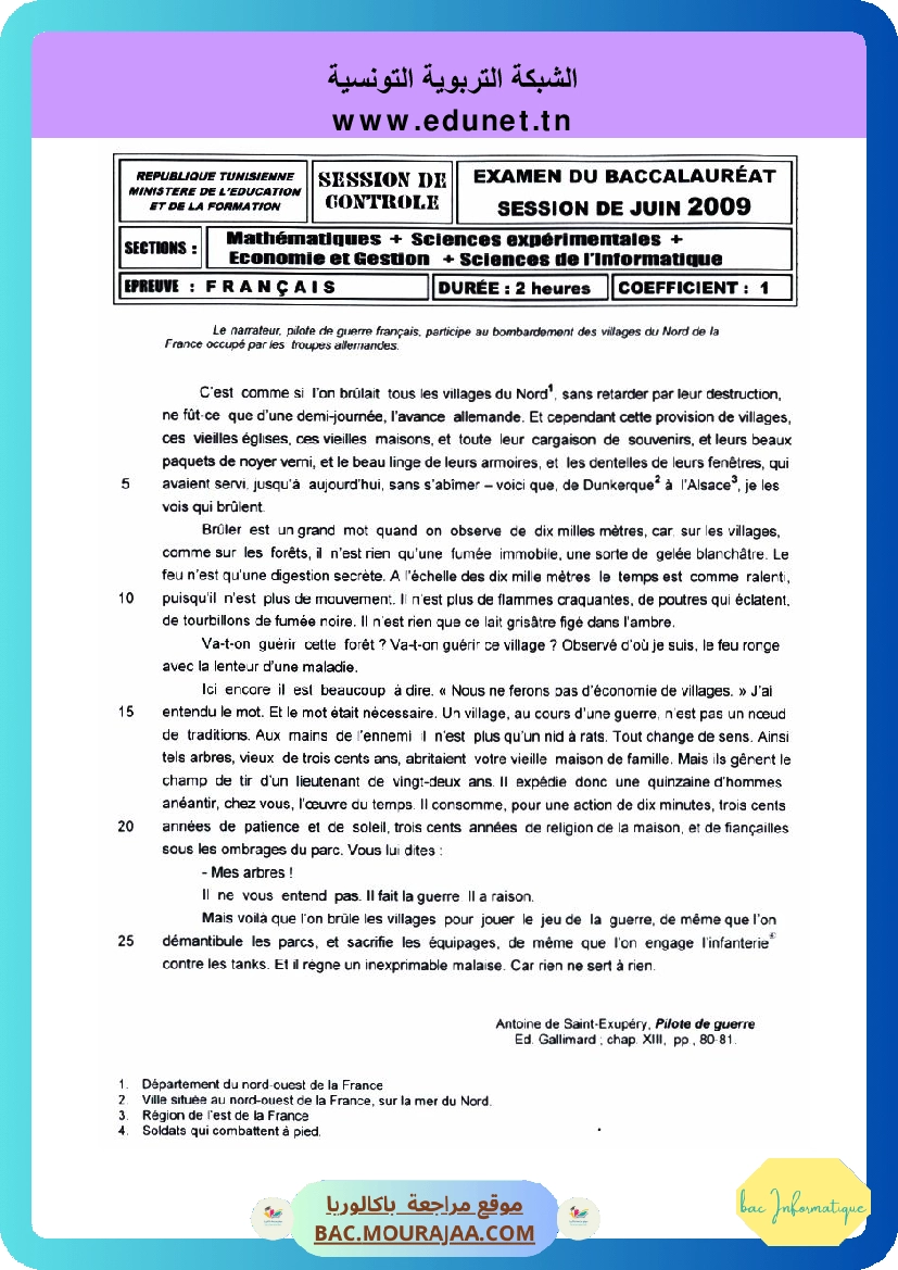 Sujet controle francais Bac 2009 – Section info